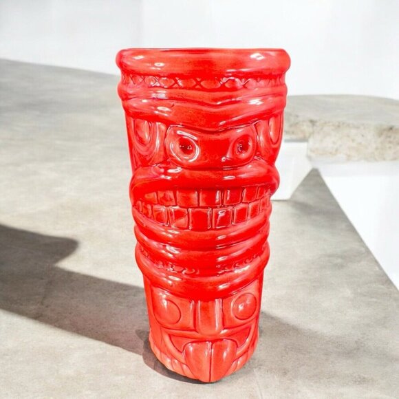 Large Ceramic Tiki God Vase Vessel Drinking Cup Red Glazed Porcelain Decor Vtg - Picture 1 of 15